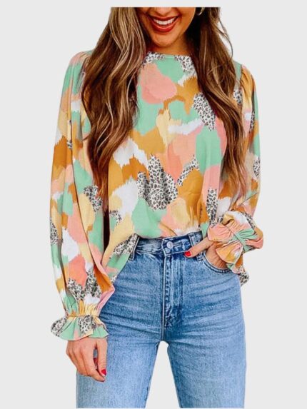 Wholesale Mixed Print Ruffle Sleeve Blouse