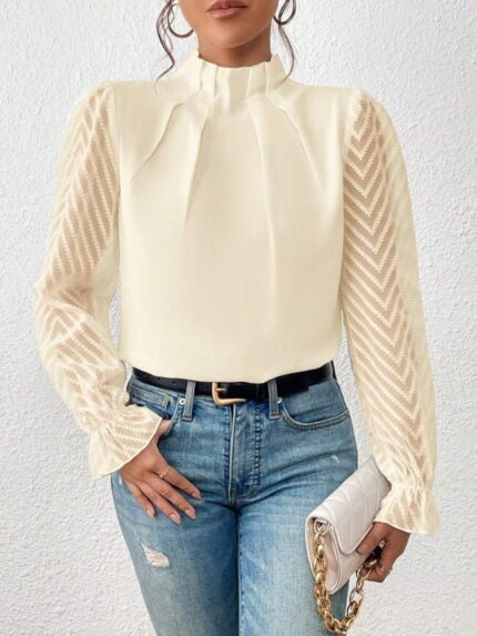 Wholesale Mock Neck Chiffon Long Sleeve Blouse