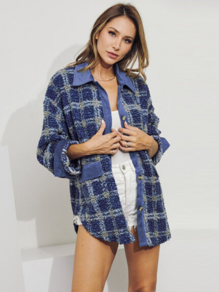 Wholesale Plaid Lambswool Panel Lapel Jacket