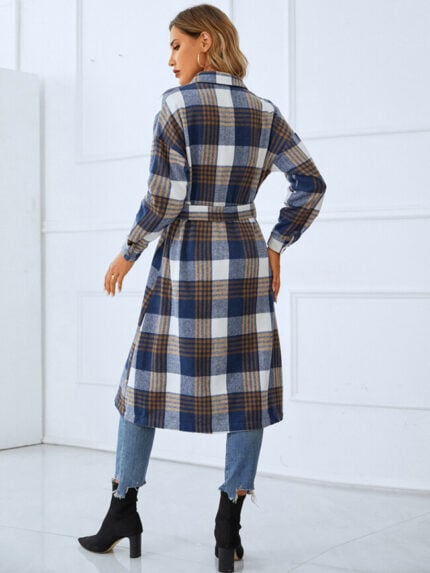 Wholesale Plaid Lapel Button Long Jacket