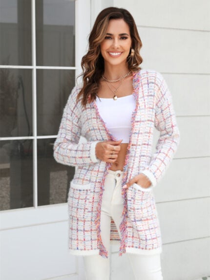 Wholesale Plaid Tassel Pocket Cardigan