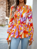 Wholesale Printed Round Neck Ruffle Sleeve Blouse