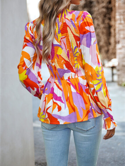 Wholesale Printed Round Neck Ruffle Sleeve Blouse