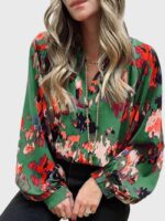 Wholesale Printed V Neck Balloon Long Sleeve Blouse