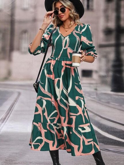 Wholesale Printed V-Neck Ruffle Sleeve Maxi Dress