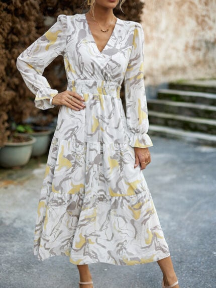 Wholesale Printed V-neck Ruffle Sleeve Dress