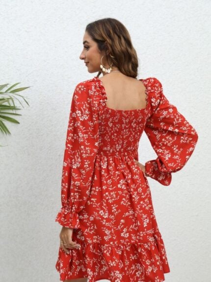 Wholesale Red Square Neck Floral Ruffle Sleeves Dress