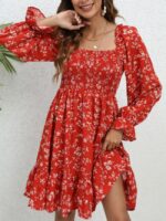 Wholesale Red Square Neck Floral Ruffle Sleeves Dress