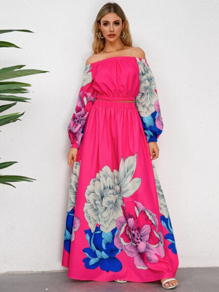 Wholesale Retro Floral Off-The-Shoulder Skirt Two-Piece