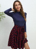 Wholesale Retro Plaid Stitching High Waist Dress