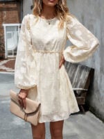 Wholesale Round Neck Puff Sleeve Jacquard Dress