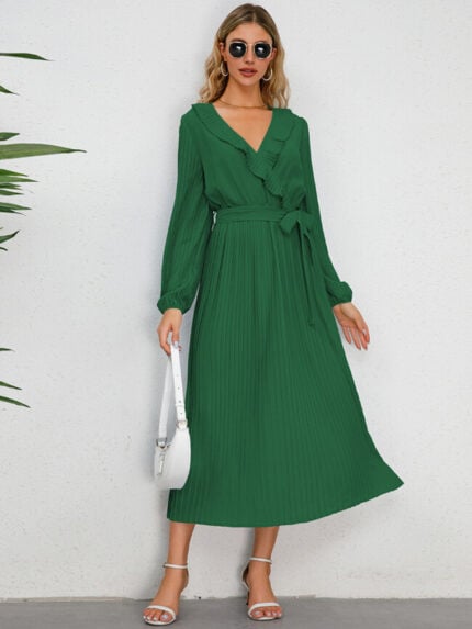 Wholesale Ruffled V-Neck Long-Sleeved Pleated Dress