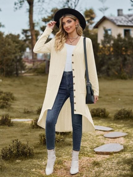 Wholesale Solid Color Button Pocket Long Cardigan