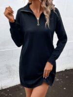 Wholesale Solid Color Lapel Zipper Long Sleeve Dress