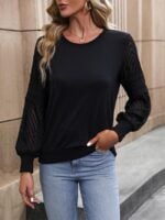 Wholesale Solid Color Mesh Stitching Long Sleeve Top