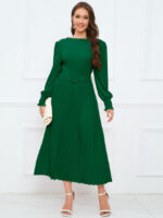 Wholesale Solid Color Puff Sleeve Pleated Dress