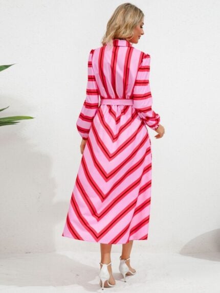 Wholesale Striped Lapel Button Shirt Dress