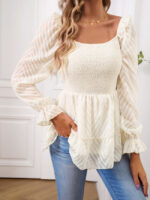 Wholesale Striped Mesh Ruffle Sleeve Square Neck Blouse