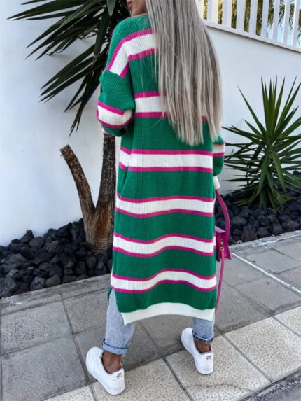 Wholesale Striped Mid-Length Knitted Cardigan