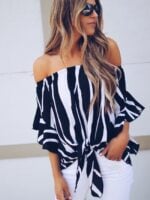 Wholesale Striped Off Shoulder Loose Chiffon Shirt