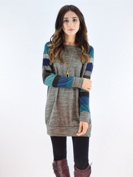 Wholesale Striped Raglan Long Sleeve Colorblock Top