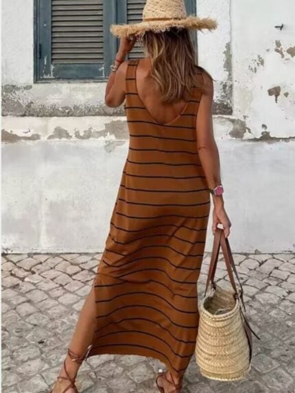 Wholesale Striped Slit Casual Sleeveless Dress