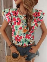 Wholesale Trendy Floral Print Short Sleeve Blouse