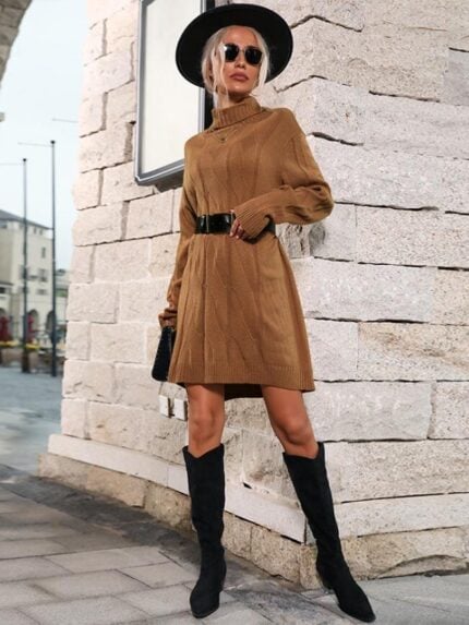 Wholesale Turtleneck Long Sleeve Knitted Sweater Dress