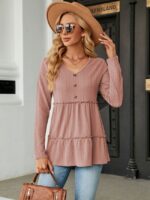 Wholesale V Neck Button Layered Long Sleeve Top