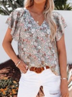 Wholesale V-Neck Ruffle Sleeve Floral Blouse