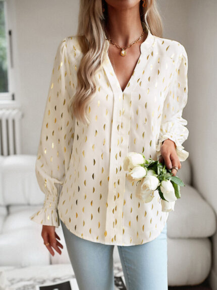 Wholesale V Neck Ruffle Sleeve Printed Blouse