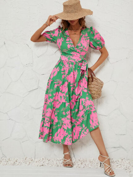 Wholesale Vintage Cross V Neck Print Dress