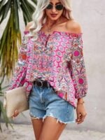 Wholesale Vintage Print Off Shoulder Blouse