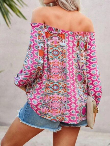 Wholesale Vintage Print Off Shoulder Blouse