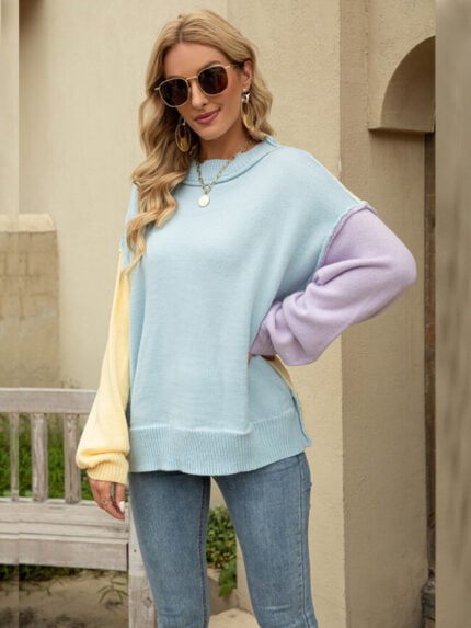 Wholesale Colorblock Bishop Sleeve Ribbed Trim Sweater