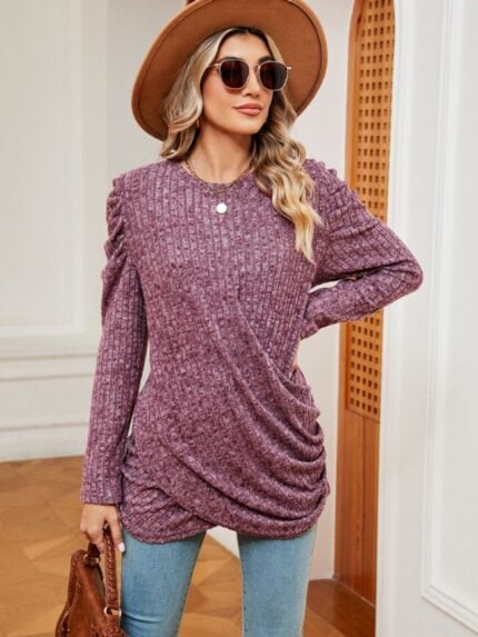 Wholesale Crew Neck Twist Pleated Long Sleeve T-Shirt