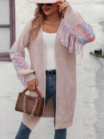 Wholesale Fashion Colour Block Fringed Long Knitted Cardigan Jacket