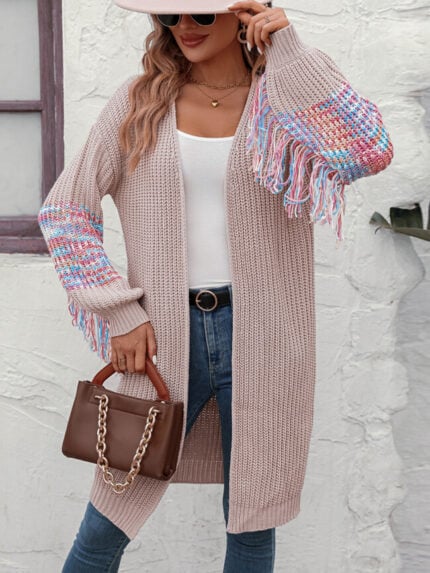 Wholesale Fashion Colour Block Fringed Long Knitted Cardigan Jacket