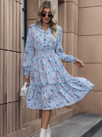 Wholesale Floral V-neck Long Sleeve Dress