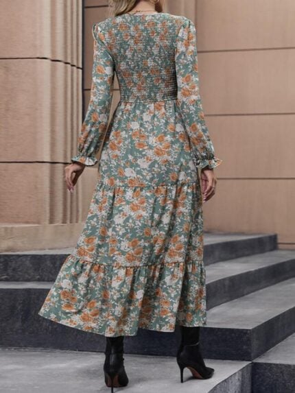 Wholesale Floral V-neck Ruffle Sleeve Dress