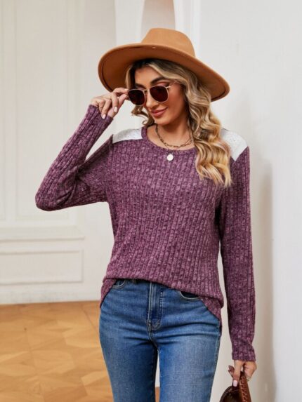 Wholesale Lace Panel Long Sleeve Casual Top