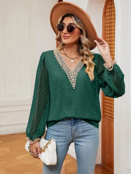 Wholesale Lace V-neck Panel Ruffle Sleeve Blouse