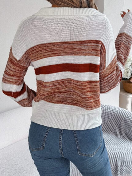 Wholesale Lapel Collar Contrast Stripe Long Sleeve Sweater