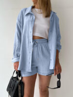 Wholesale Lapel Long Sleeve Shirt High Waist Drawstring Shorts Suit