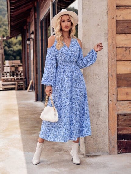 Wholesale Off-shoulder Printed V-neck Long Sleeved Dress