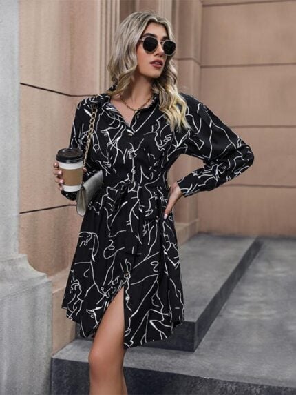 Wholesale Printed V Neck Button Shirt Dress