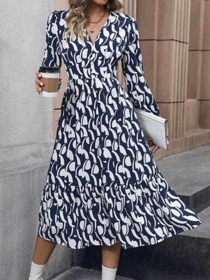 Wholesale Printed V-neck Puff Sleeve Dress