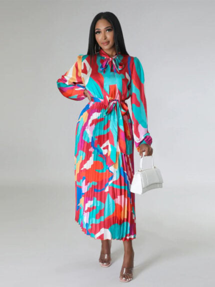 Wholesale Puff Sleeve Printed Pleated Dress