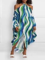 Wholesale Sexy Long Sleeve Strapless Hanging Neck Rainbow Striped Dresses