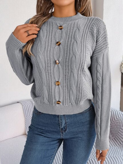 Wholesale Solid Color Button Twist Long Sleeve Sweater